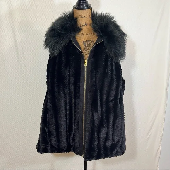 Women's Black Faux Fur Zip-Front Coat with Fur Collar Marc New York 2x NWT - Picture 1 of 15